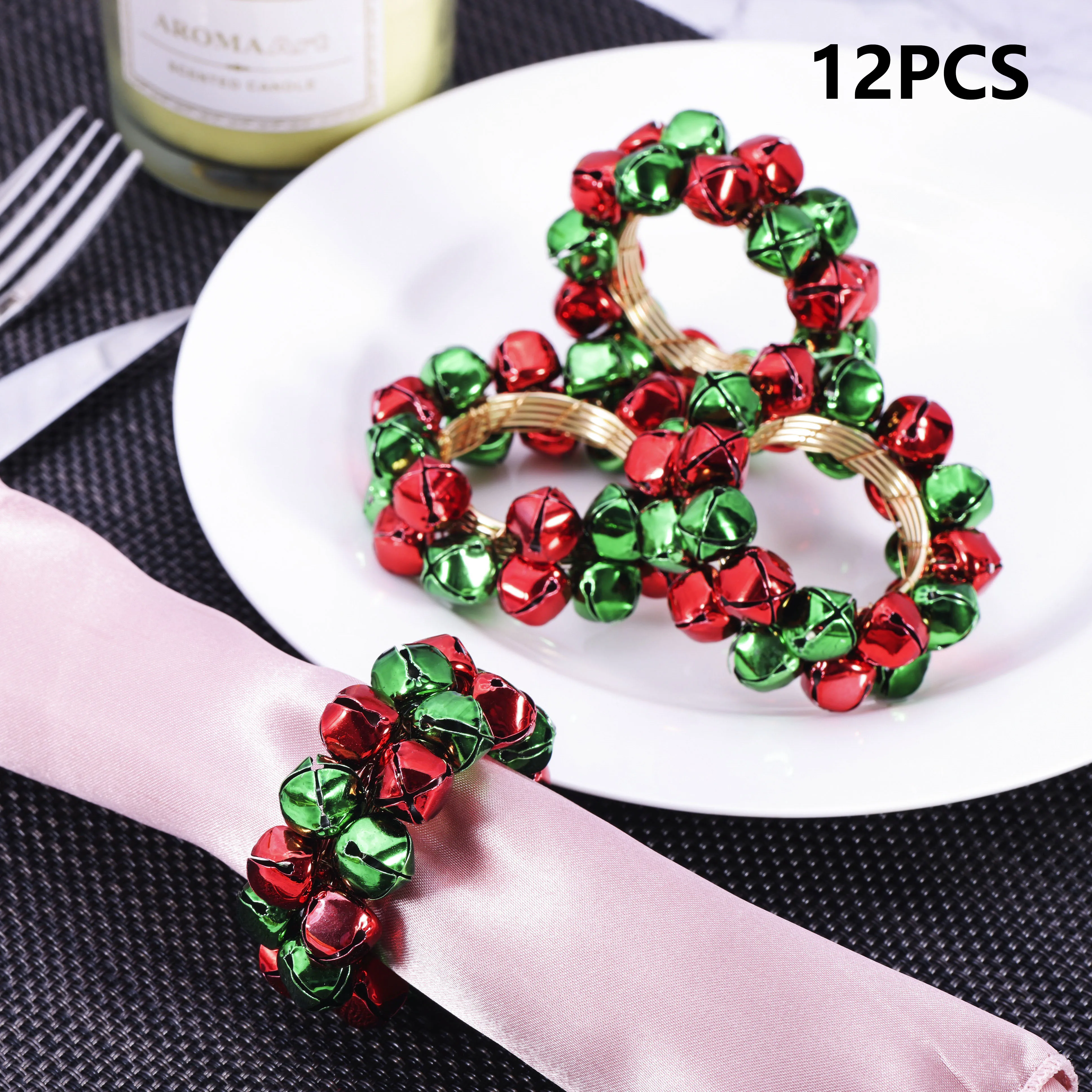 12pcs Christmas Jingle Bells Napkin Rings Red & Green Alloy Table Cloth Holder 3.6cm/1.42In Decor New Year Party Home/Restaurant