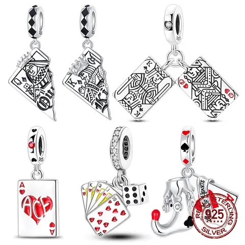 Hot Sale Playing Cards Charms Bead 925 Sterling Silver Spades K Hearts Q Dangle Pendant Fit Bangle Bracelet Necklace DIY Jewelry