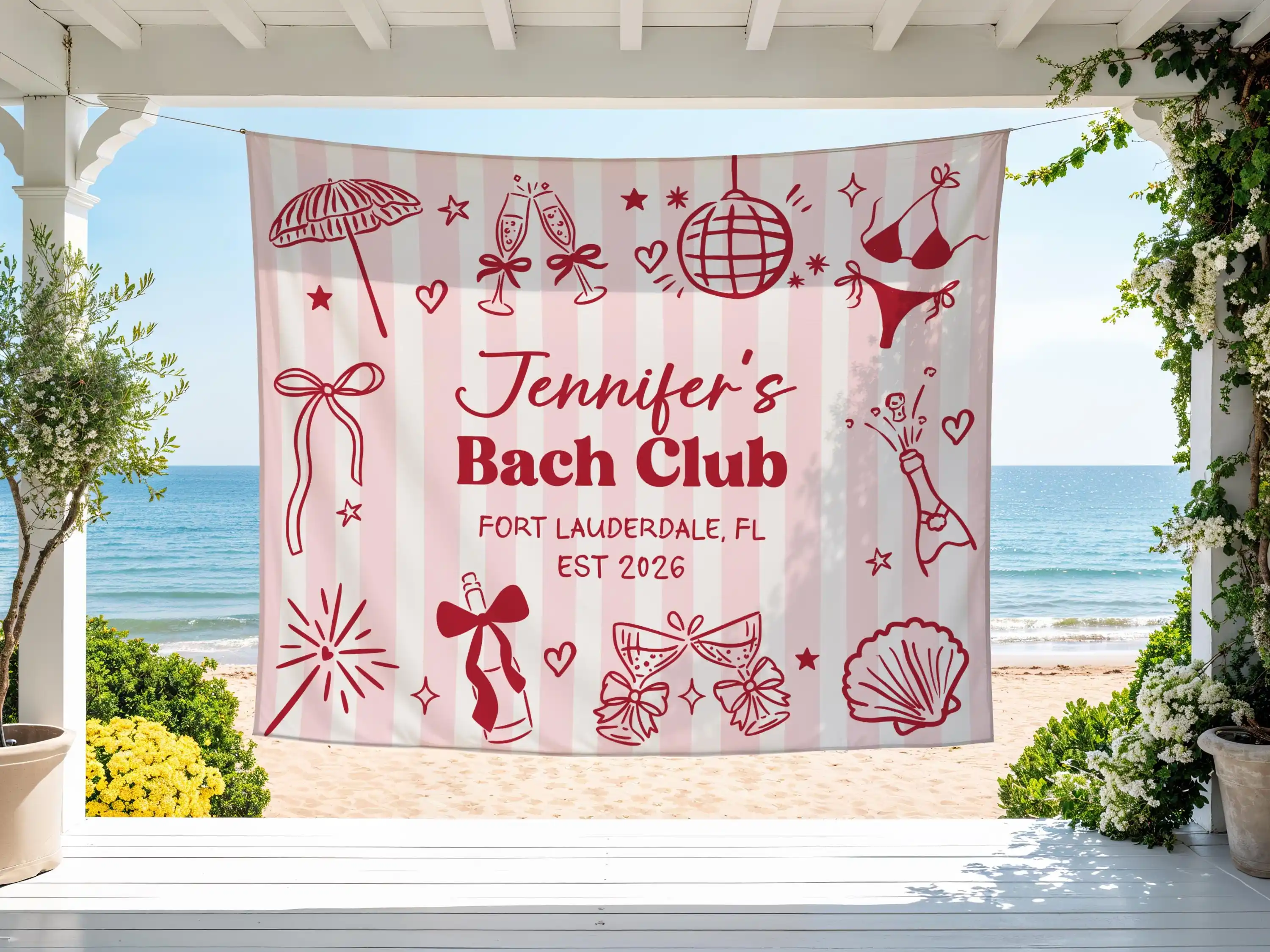 Personalisierte Junggesellinnenabschied-Tapisserie, Individuelles Junggesellinnenabschied-Banner, Strand-Fotohintergrund für Junggesellinnenabschied, Junggesellinnenabschied-Dekoration