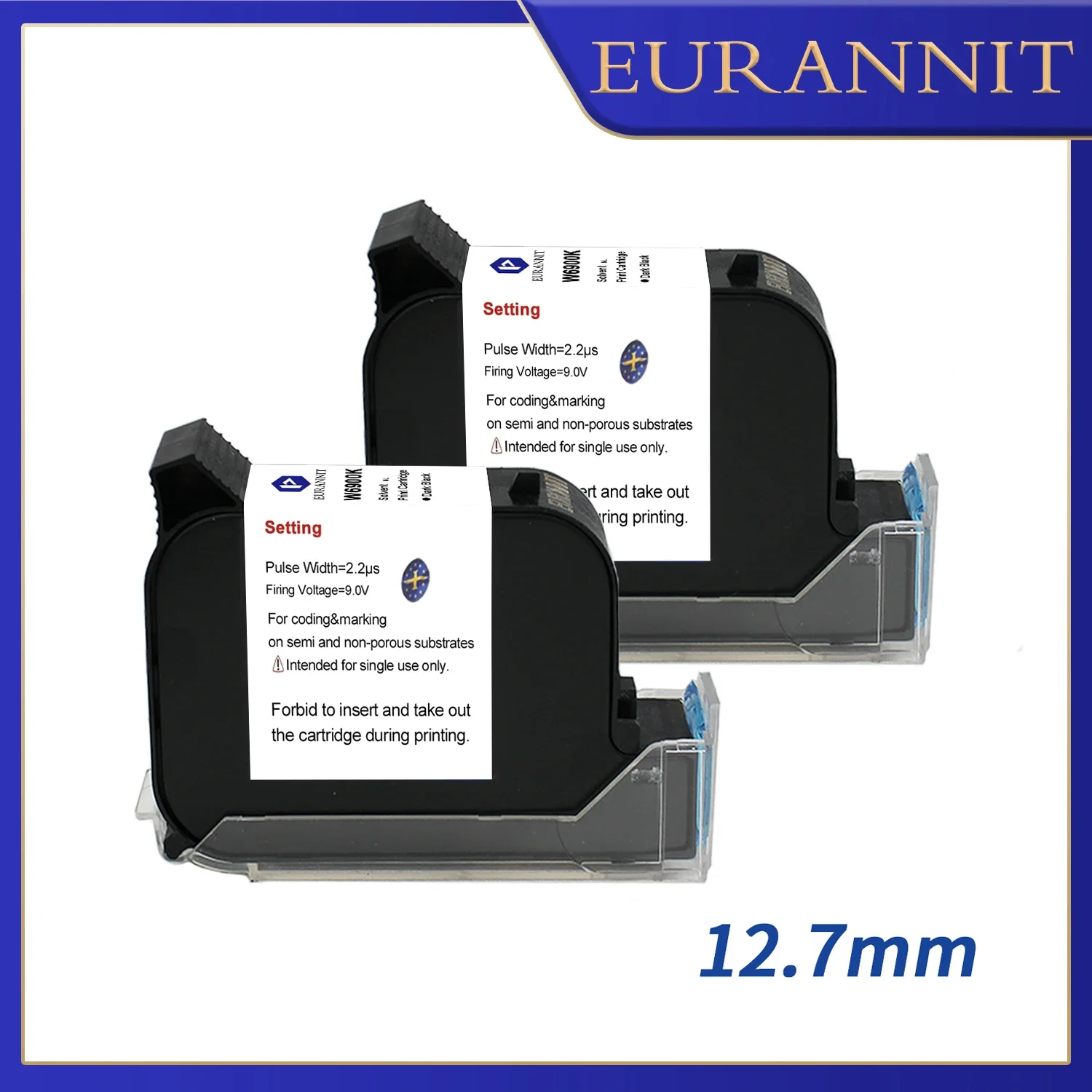 EURANNIT W6900K 12.7mm Economy High Quality Ink TIJ Handheld Inkjet Printer Cartridge Fast Drying Water-proof Solvent Black Inks