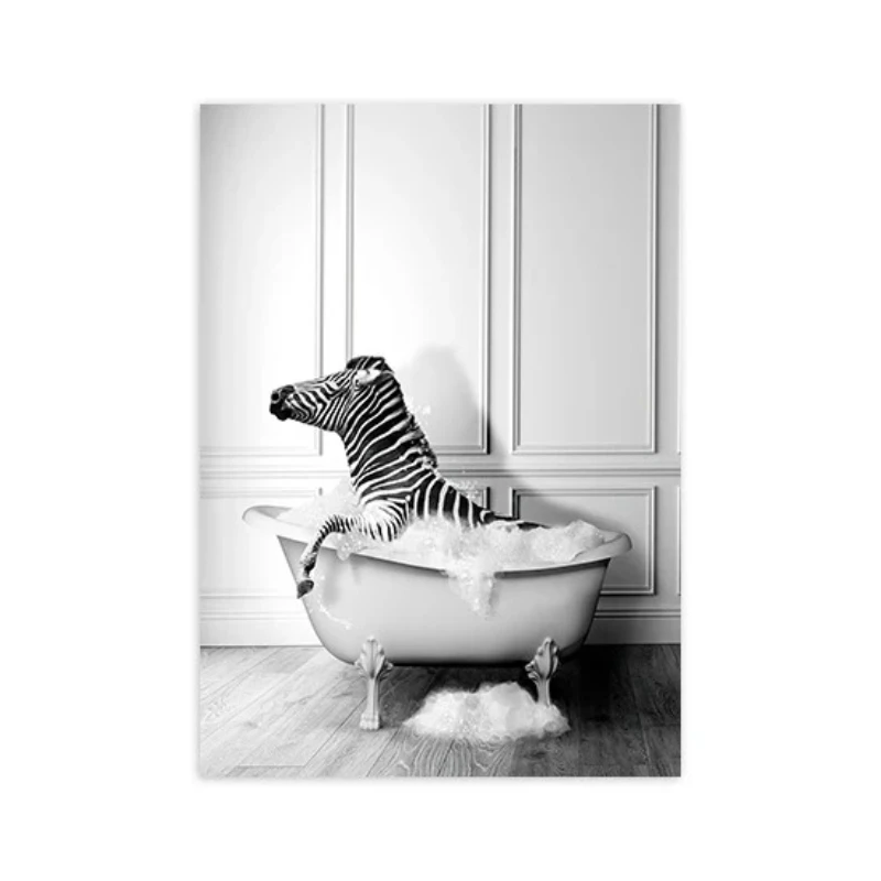 2026 New Arrival Black White Animals In Tub Bathroom Wall Art Canvas Painting Posters and Prints Wall Pictur for Room De