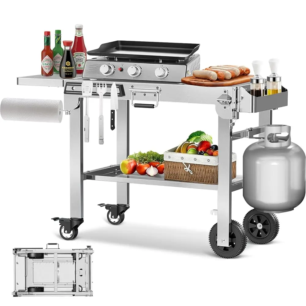 

Portable Folding Grill & Prep Table With Wheels, Stainl Steel Bbq Stand For Camping, Tailgating & Outdoor Cooking, Rolling