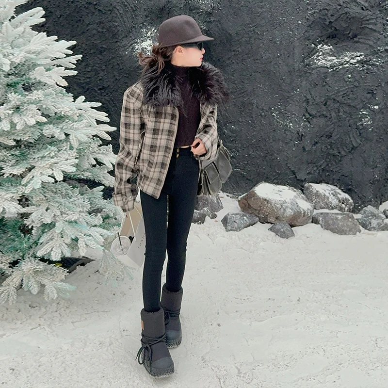 Children's plaid fur collar brand cotton coat imitation fur long sleeved girl's warm coat warm sports jacket 2025new winter coat