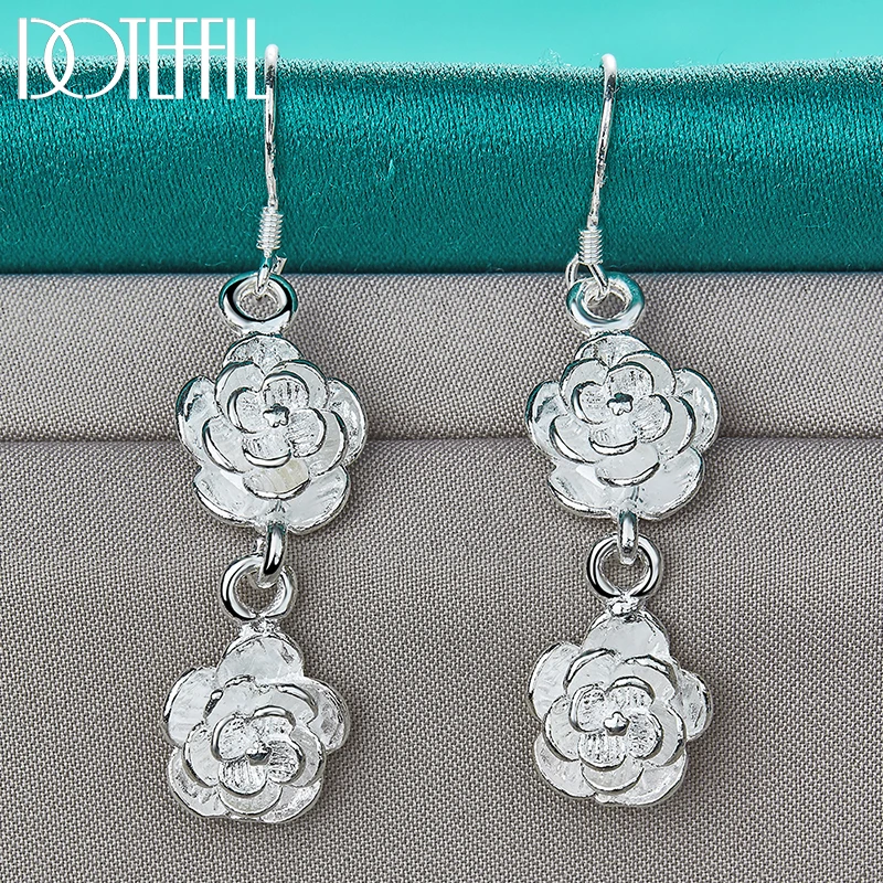 DOTEFFIL 925 Sterling Silver Rose Flower Drop Earrings For Woman Wedding Engagement Fashion Party Charm Jewelry