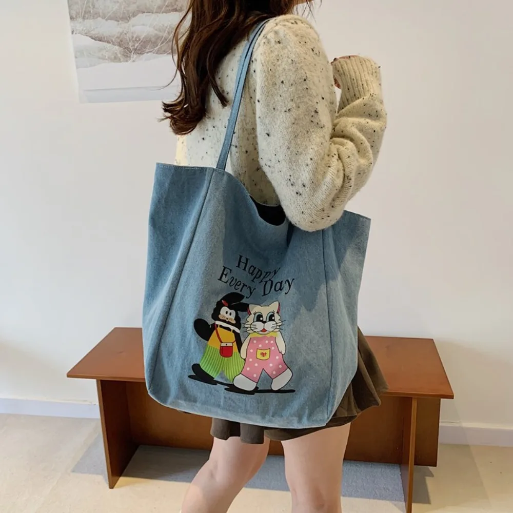 

Cartoon Animal Double-sided Tote Bag Large Capacity Shoulder Pouch Denim Blue Handbag Polyester Soft Women Canvas Bag Spring
