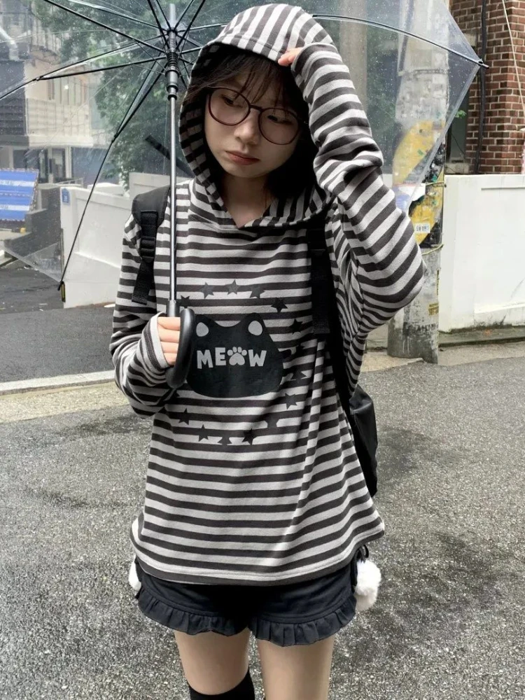 QWEEK Y2k Kawaii Cute Striped T Shirt Sweet Japanese Harajuku Star Print Long Sleeve Tee 2024 Autumn Kroean Fashion Soft Girls