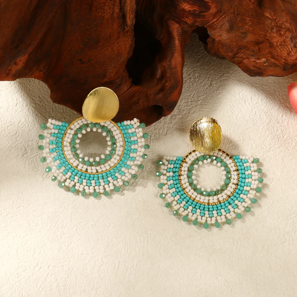 Badu Bohemia Style Fan Shape Handmade Beaded Dangle Earrings for Women Retro Ethnic Trendy Jewelry Rice Beads Earring