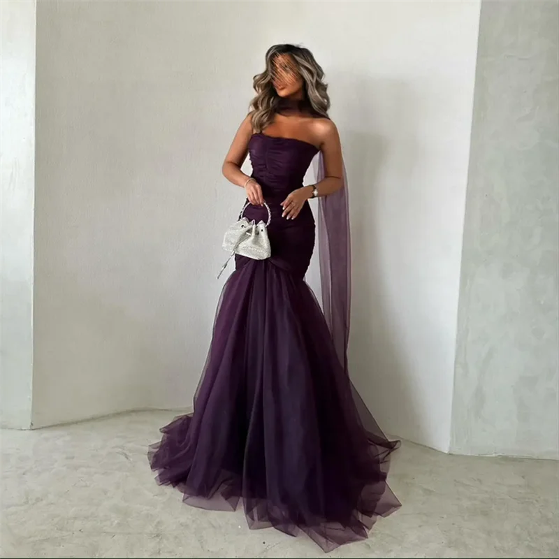 Vestido de fiesta sin tirantes elegante saudí para mujer, vestido de noche de fiesta de tul morado, largo hasta el suelo, vestidos para ocasiones formales personalizados