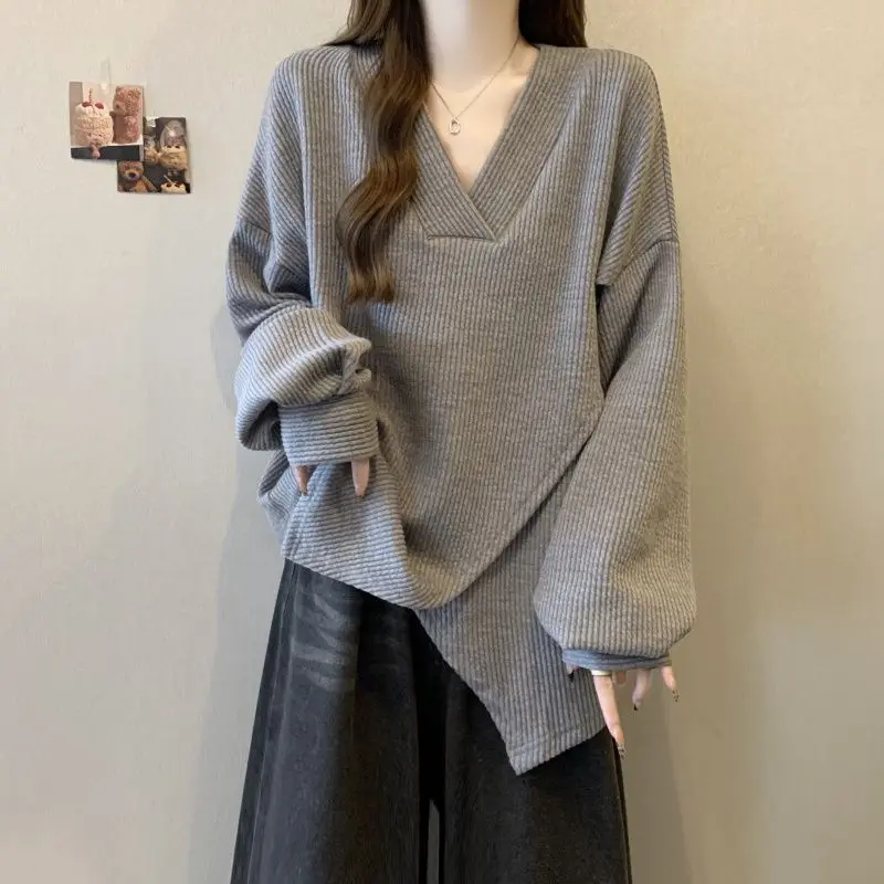 Textured Cross Design Long Sleeve Top for Women 2025 Spring and Autumn New Loose Slimming Base Shirt