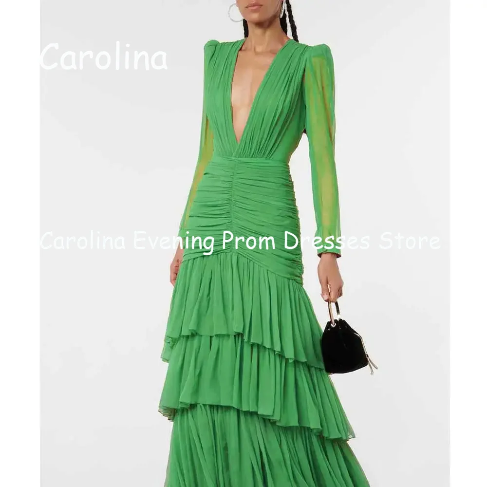 Carolina Chiffon A-line V-neck Arab Ruffle Prom Gown Ankle Length Saudi Evening Formal Elegant Party Dress for Women 2023