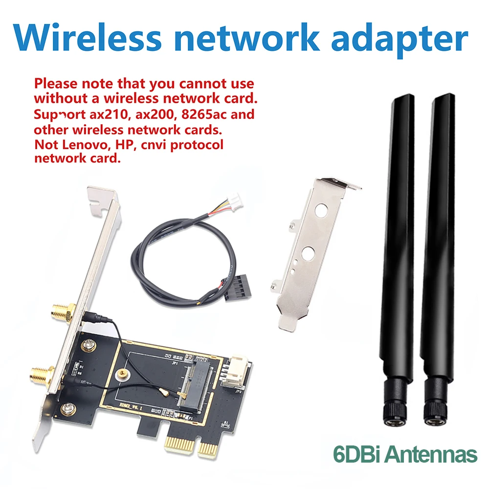 Convertidor adaptador inalámbrico M.2 a PCI Express con antena 6DBi 2x NGFF M.2 WiFi tarjeta Bluetooth para AX210 AX200