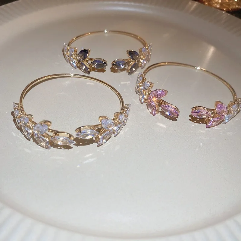 Luxurious Delicate Zircon Leaf Gold Color Open Bracelets for Women New Fashion Shiny Colorful Bangles Wedding Jewelry Gift