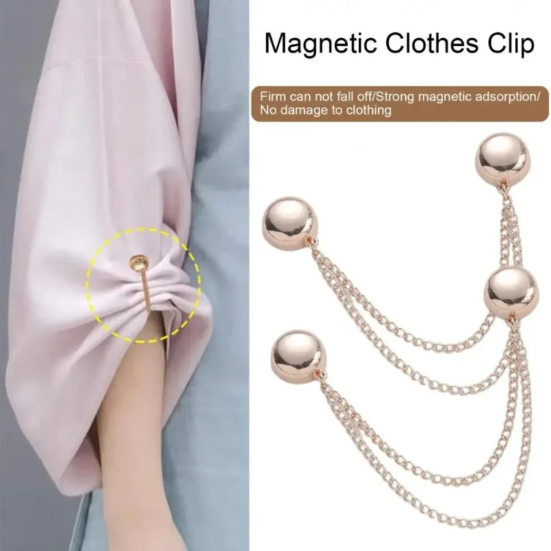 2Pcs Multi-Function Magnetic Clothing Clip with Chain Metal Buttons Clip Clothes Scarf Trouser Legs Cuff Fixing Magnet Pin