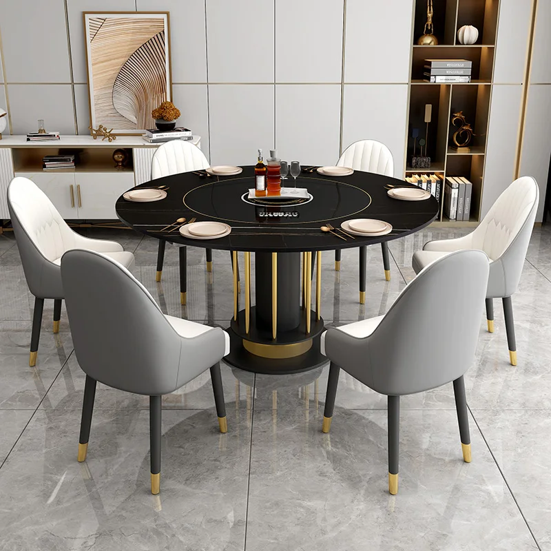 Customized Light Luxury Rock Plate Dining Table and Chair Combination Household Embedded Automatic Rotating