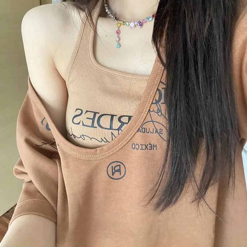 

2025 Summer Two Piece Set Women Loose Short Sleeve T-Shirts + Square Collar Tanks Female High Street Tops Woman