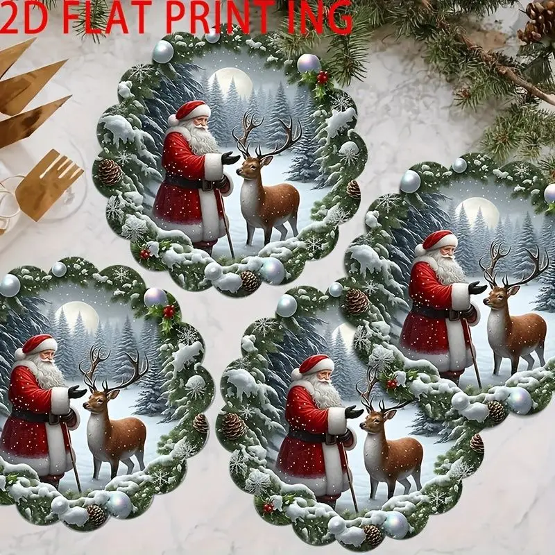 VIKAMA Santa Claus Reindeer Winter Forest Placemat Petal Edge Moon Pinecone Pearl Orb Xmas Table Mat Soft Durable Cozy Aesthetic