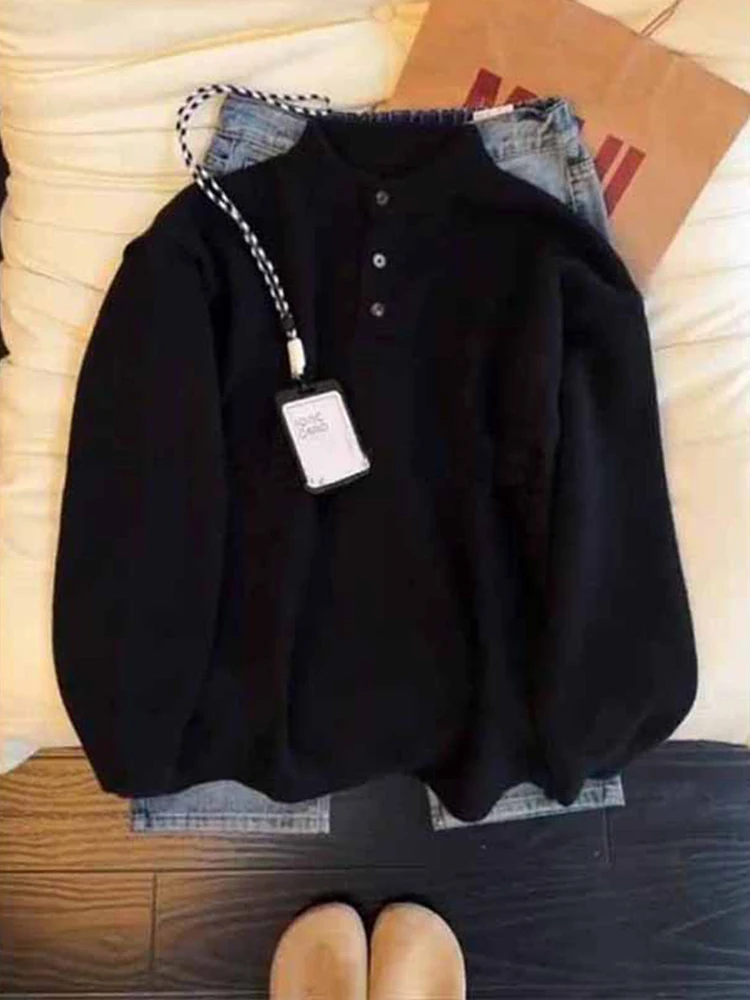 

Loose Fit Men's Knitted Sweater Henry Collar Ne Autumn Winter American Retro Sle Comfortable Soft Fabric Long Sve