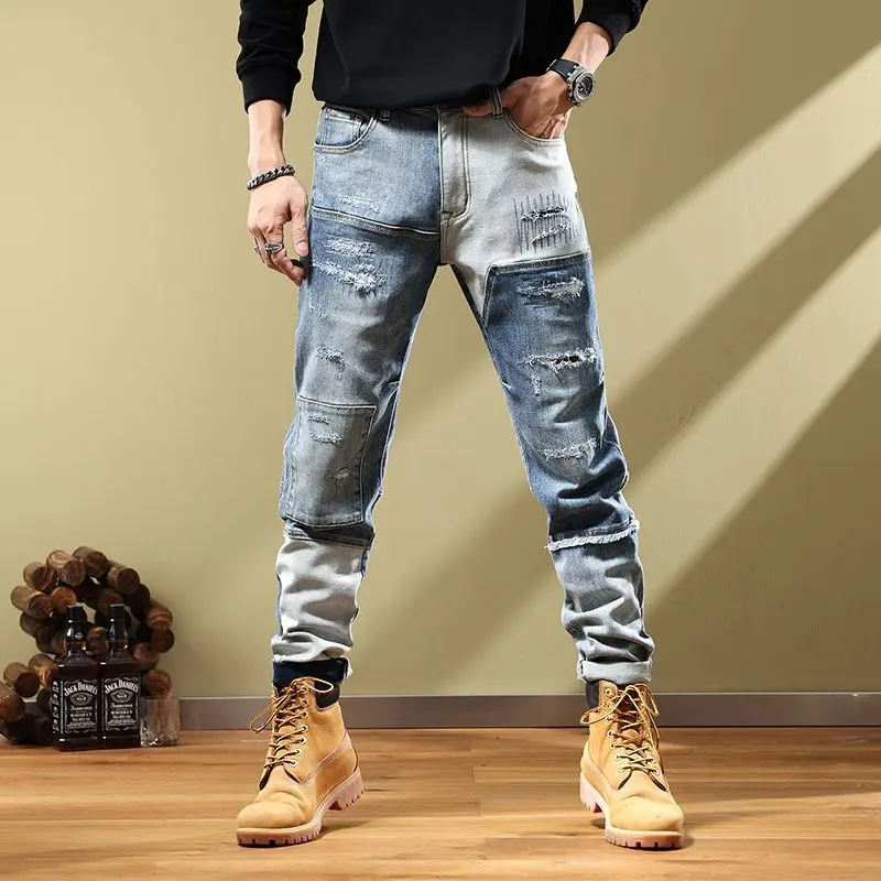 

Embroidered handsome and personalized jeans for men's new vintage high-end patch patchwork motorcycle jeans ripped jeans