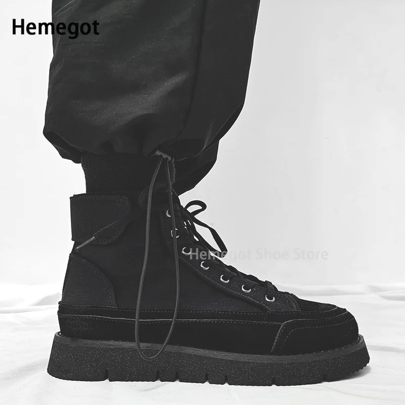 Dark Black Boots for Men Autumn and Winter Korean Version of Leather Back Zipper Lace Up High Top Thick Sole Couple Board Shoes