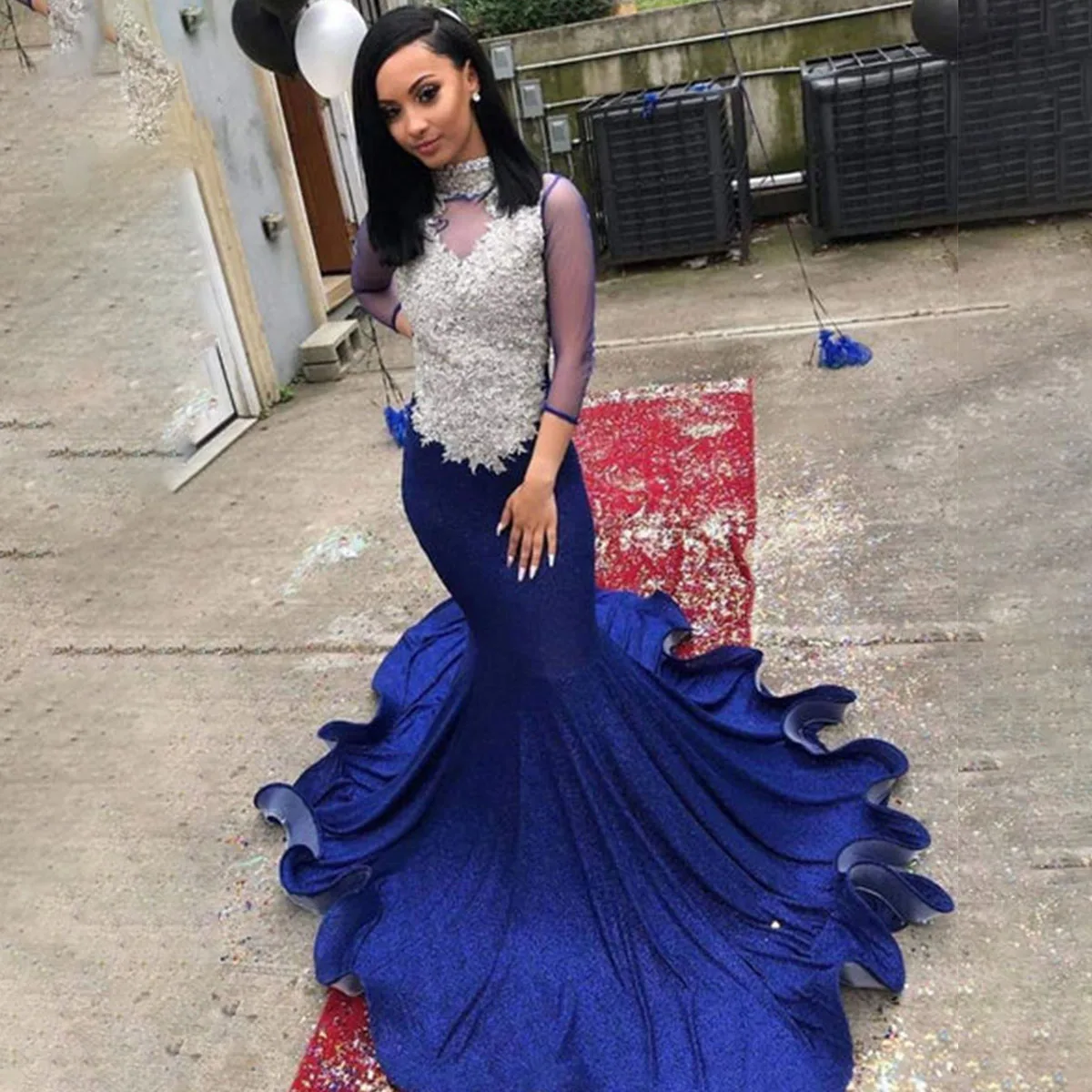 

Женское платье с юбкой-годе, синее фатиновое платье с высоким воротником, аппликацией и открытой спиной, со шлейфом, платье для выпускного вечера