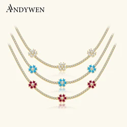 ANDYWEN 100% 925 Sterling Silver Gold Flower Rainbow Choker Necklace 2021 Women Zircon CZ Chian Luxury Party Wedding Jewelry
