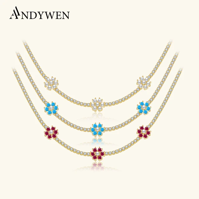 ANDYWEN 100% 925 Sterling Silver złoty kwiat tęczowy Choker naszyjnik 2021 kobiety cyrkon CZ Chian luksusowa impreza biżuteria ślubna