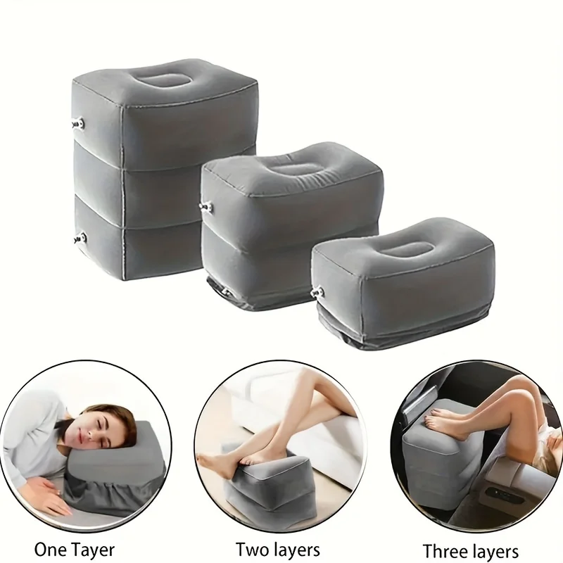 

3-Layer Inflatable Airplane Foot Rest Pillow | Adjustable Height Travel Foot Cushion for Leg Support | Portable Folding Design