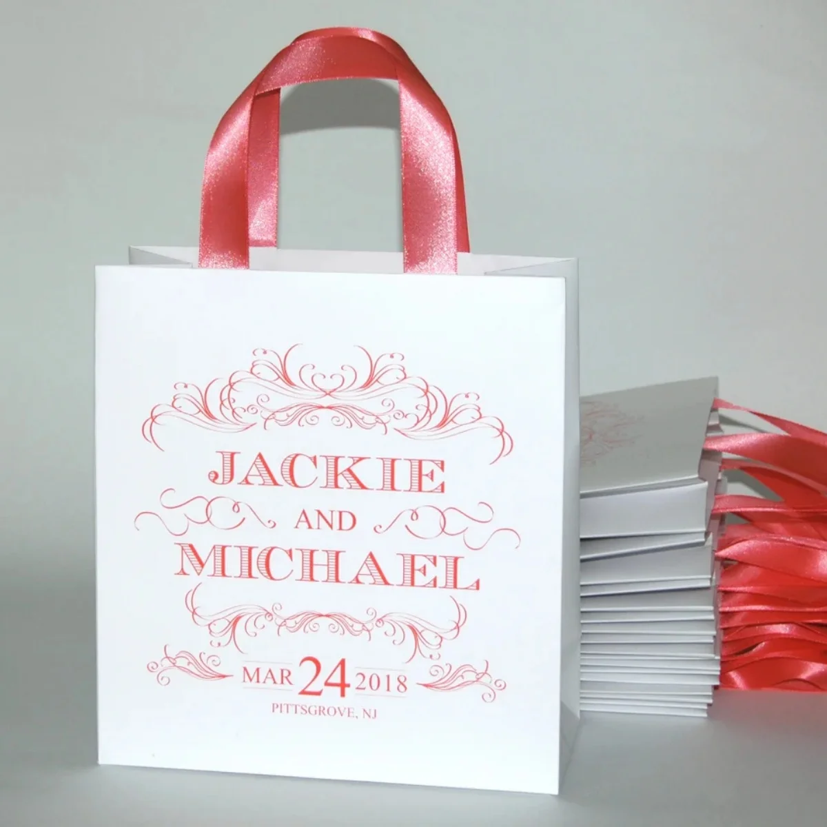 

Wedding Welcome Bags with satin ribbon handles and your names, Navy Blue Personalized wedding favor for hotel guests, Elegant we