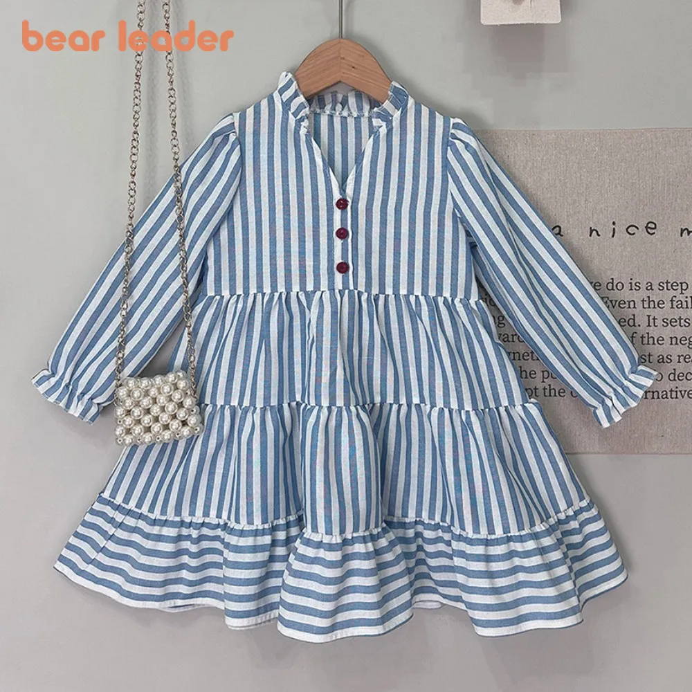 

Bear Leader Autumn New Sweet and Cute Girl's Casual Dresses Blue Stripe V-neck Long Sleeve Dress Fashion Simple Children's Wear