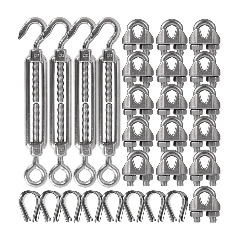 

4-Pcs Cable Tensioner Ring Hook Metal Turnbuckle 16-Pcs 1/8 Inch Wire Rope Cable Clip/Clamp(M3), 8-Pcs Thimble(M3) Kit