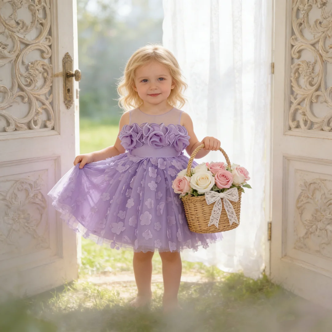 

Purple Toddler Floral Ball Gown Elegant Party Baptism Birthday Wedding Princess Dresses Girl Bridesmaid Prom Costume