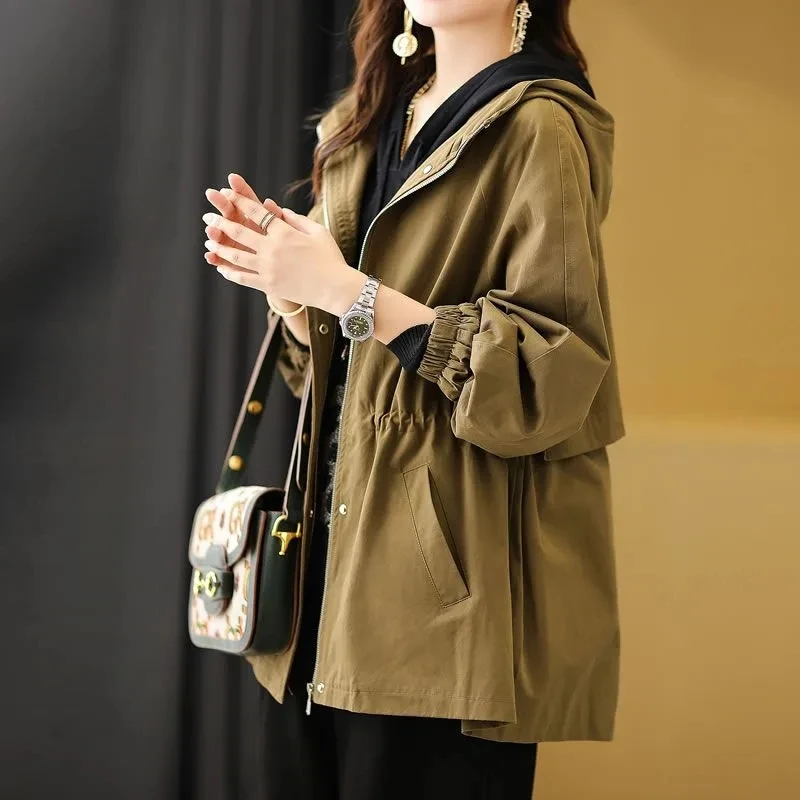 

2024 Spring and Autumn New Korean European Versatile Hooded Coat Women's Waist Drawstring Medium Length Windbreaker Female