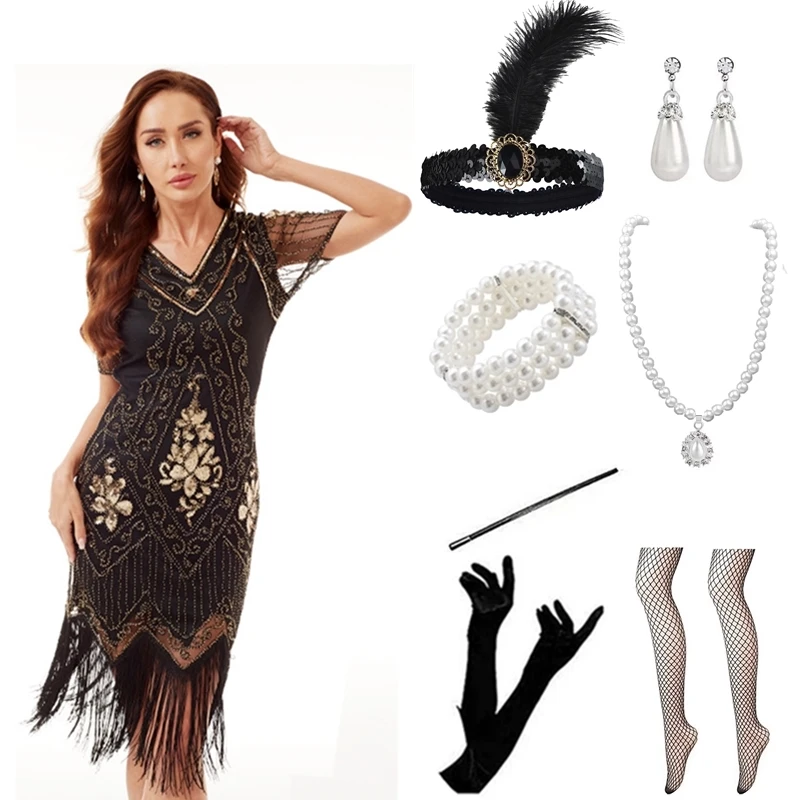 

1920s Flapper Dress Great Gatsby Party Evening Sequins Fringed Dresses Gown Dress with 20s Accessories Set