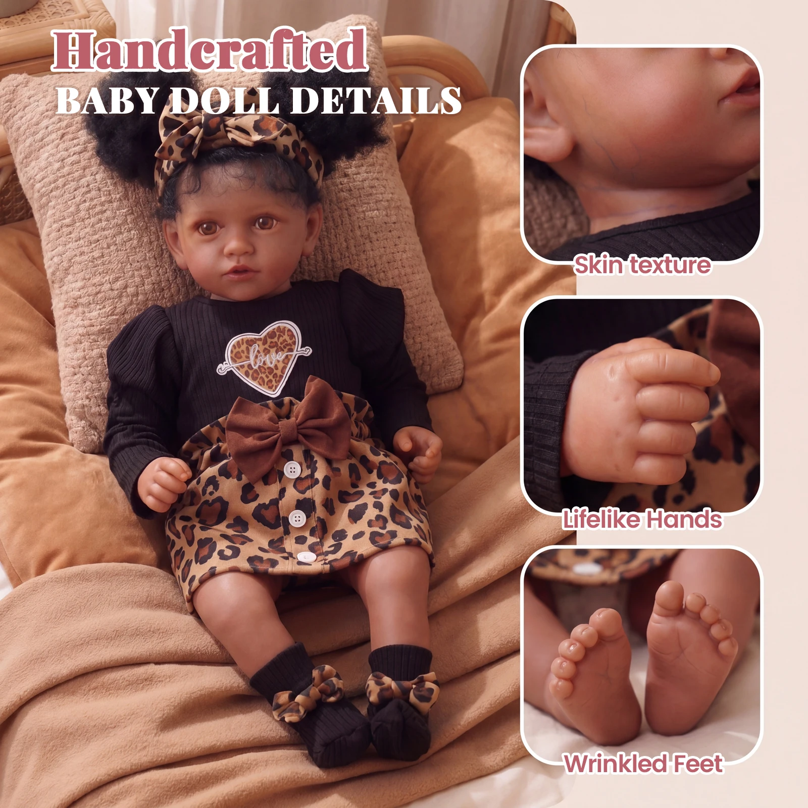 BABESIDE 20 Inch Reborn Baby Doll Black Craft Doll, Hand-Planted Curly Hair, 3D-Painted Skin, Realistic Baby Size Doll, Posable Figure, Weighted Design, Soft Touch Vinyl Baby Doll with Outfits And Gift Set, for Art Collection, Role Play, Gifts view 3