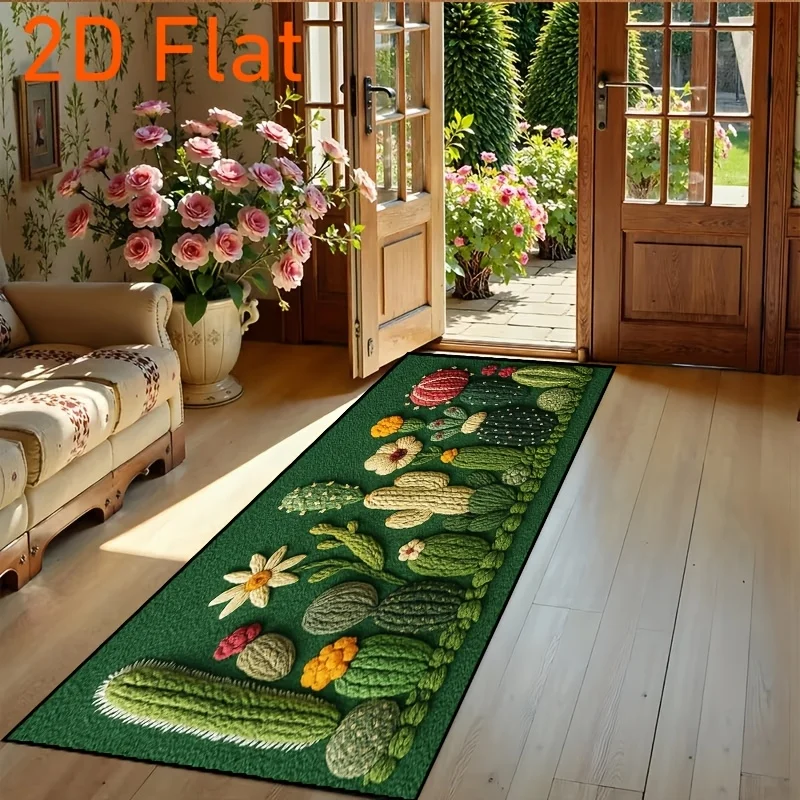 VIKAMA Bohemian Cactus Print Corridor Carpet, Anti-Slip And Washable Long Strip Floor Mat, Entrance Hall And Living Room Decor