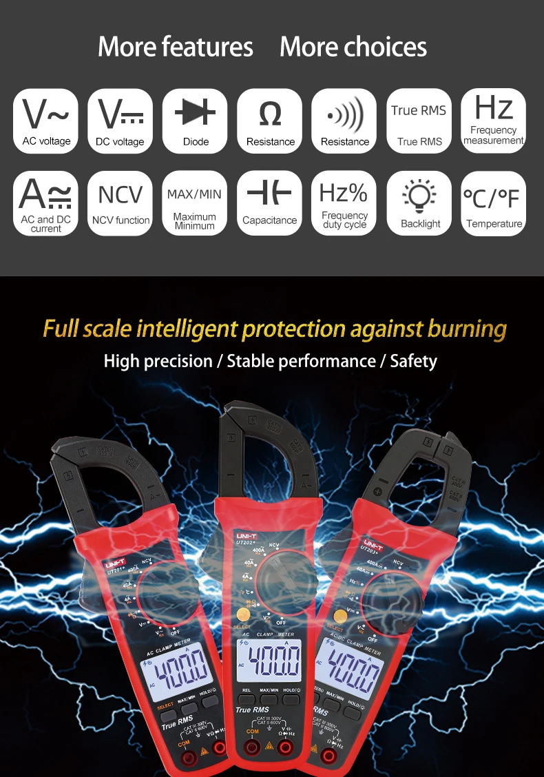 Imagem -04 - Uni-digital Clamp Meter Ut201 Mais Ut202 Mais Ut203 Mais Ut204 Mais ac dc Tensão Amperimetro Tester Alicadores Amperímetro Resistência Freqüência Medidor