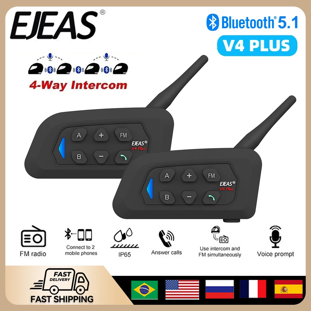 

EJEAS V4 Plus Мотоциклетный шлем Bluetooth Walkie Talkie 4 Rider 1500M Полный дуплекс Bluetooth 5.1 IP65 Водонепроницаемый шумоподавление