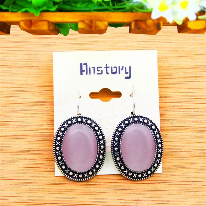 3 Colors Oval Opal Earrings Vintage Pendant Earrings For Women Antique Silver Plated Stone Fashion Jewelry