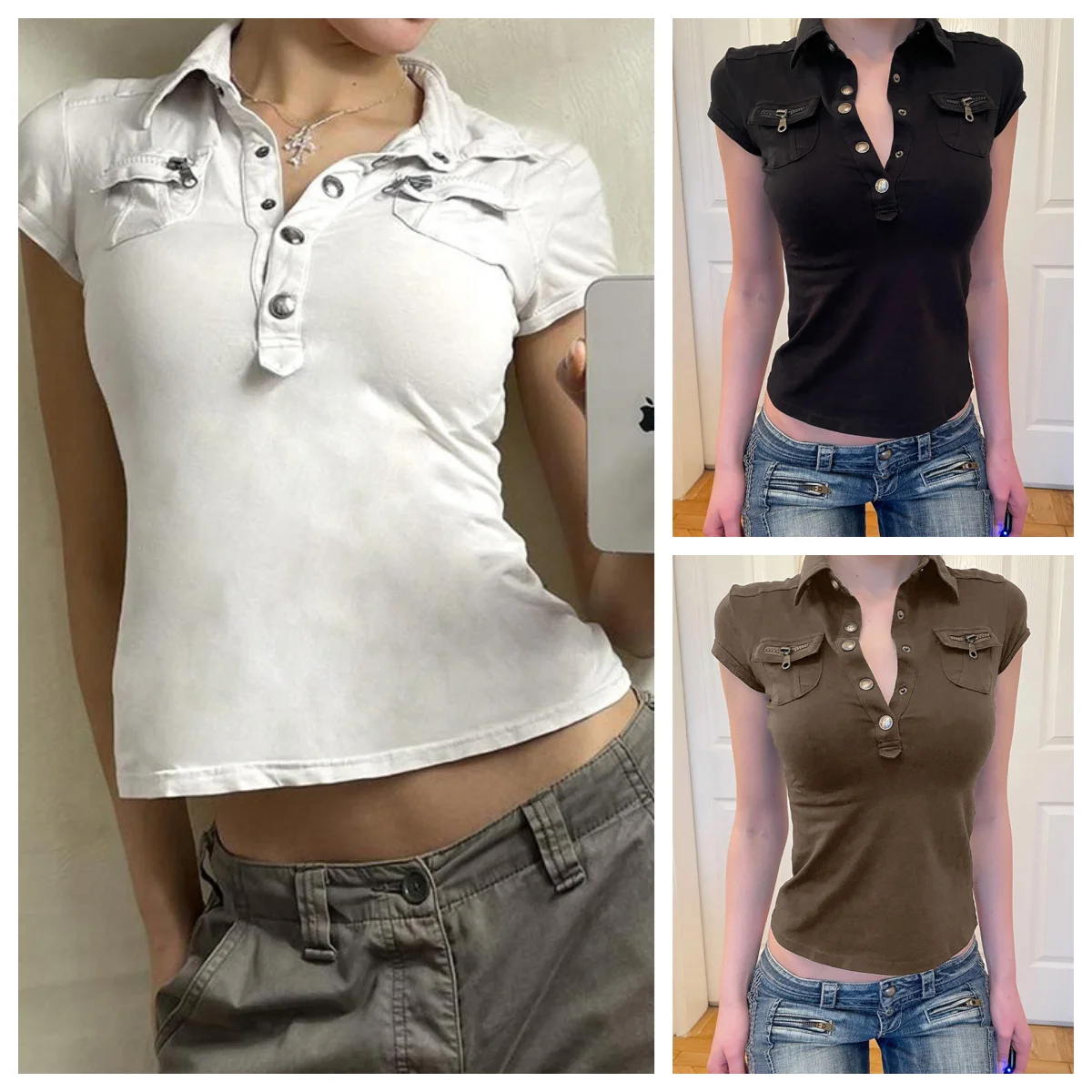 

2025 Summer Women Y2K Streetwear Solid Short Sleeve T-Shirt Korean Style Blouse with Zipper Pocket Button Turn-down Collar