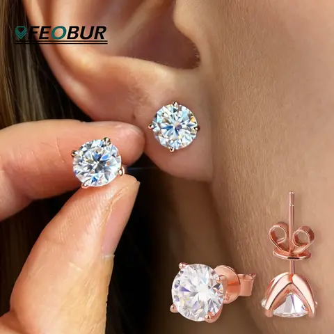 FEOBUR Sparkling 0.2-3CT Moissanite Stud Earring Rose Gold Color 925 Sterling Silver Lab Diamond Ear Studs Women Party Jewelry