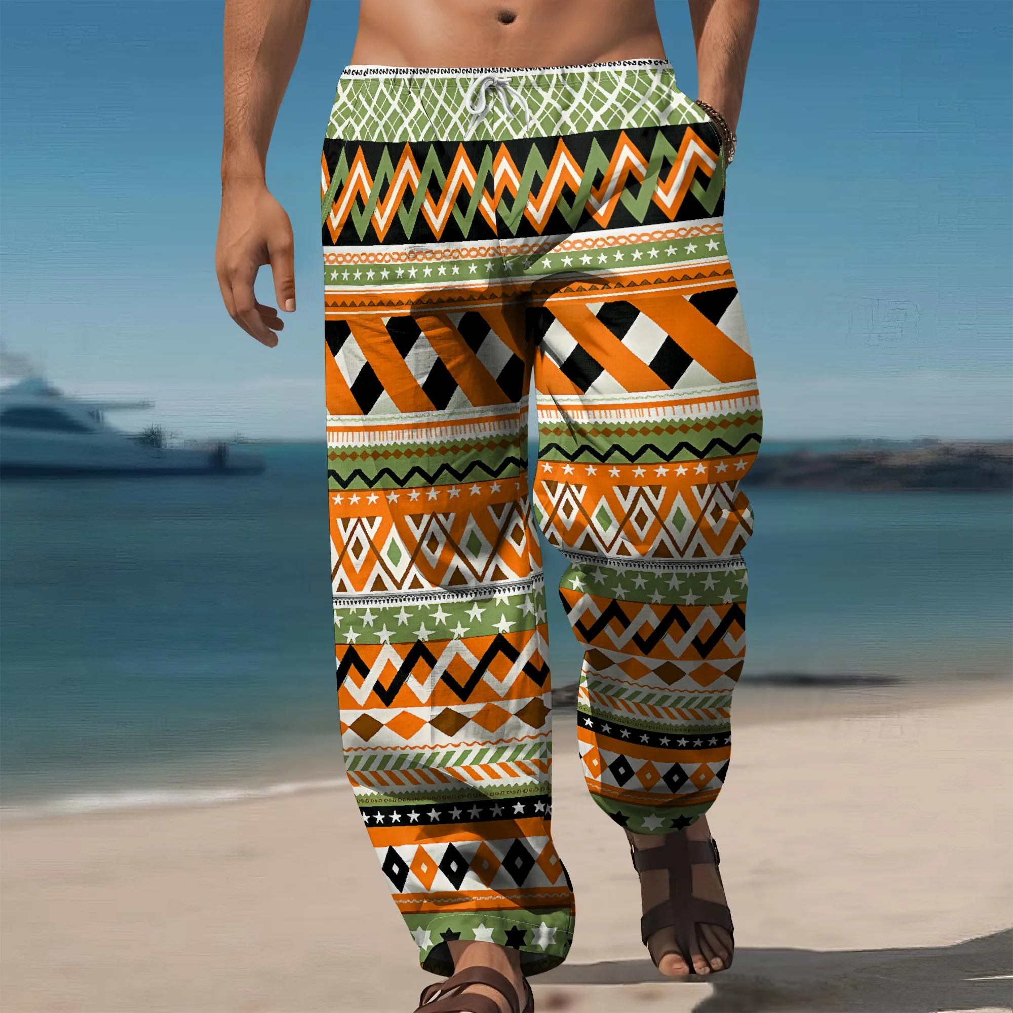 

YEAE Ethnic Striped Print Pants for Men Summer Casual Loose Drawstring Trousers