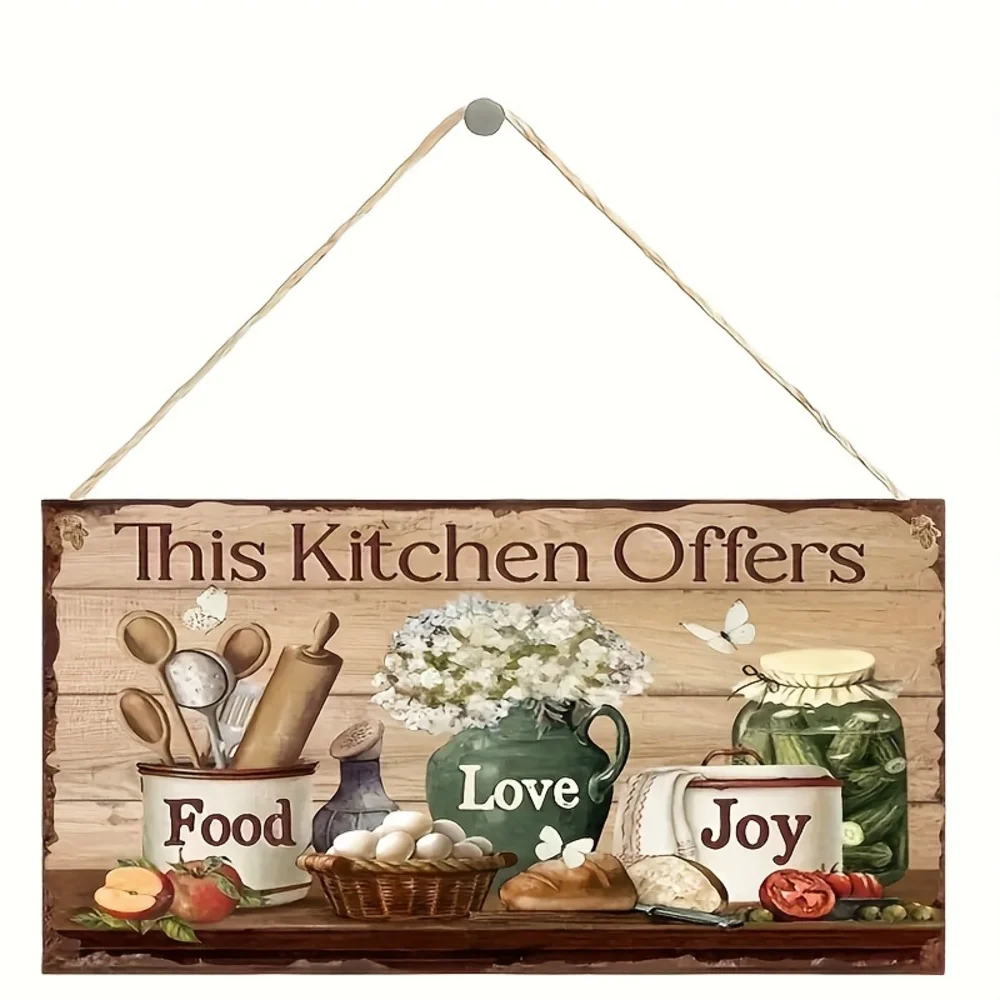 Letrero rústico de madera para decoración de pared de cocina, placa colgante "Esta cocina oferece comida, amor, alegría", con cocina y ilustración floral