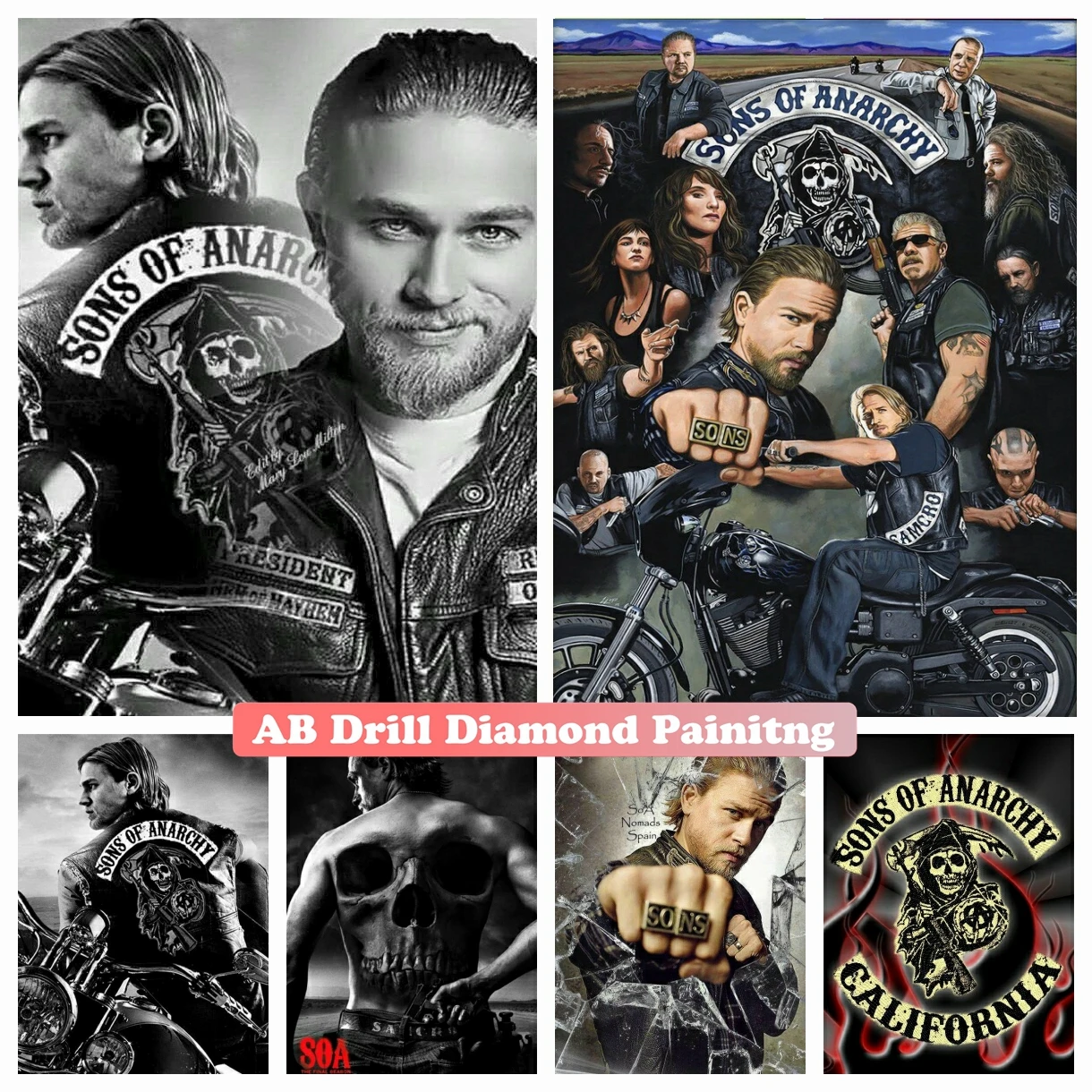 Son Of Anarchy 5D DIY AB Diamond Painting Full Square Round Drill Mosaic Death Skull Motorcycle Cross Stitch Handwork Home Decor