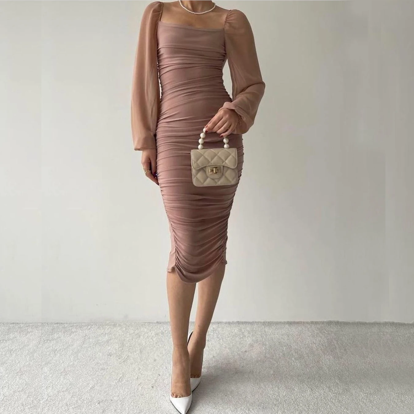 

Square Neck Muslim Evening Dresses فساتين سهرة مسلمة Sexy Short Bodycon Dress Вечернее платье Long Sleeve Party Prom Gown