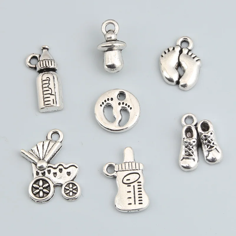 14pcs Mix Silver Color Baby Cup Milk Bottle Charms Footprint Baby Cart Pendant Finding DIY Handmade Jewelry Accessorie M176