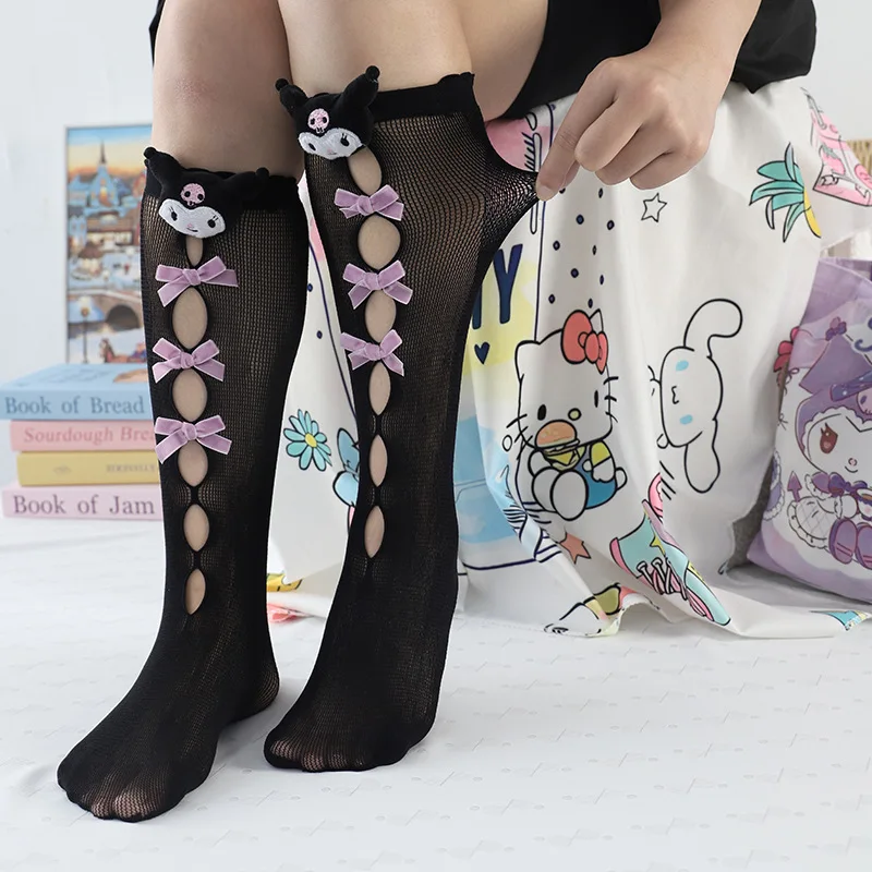 

Kuromi Jk Lolita Children Girl Fishnet Stockings Summer Hollow Thin Design Cute Sanrio High Elasticity Girls Knee-High Socks