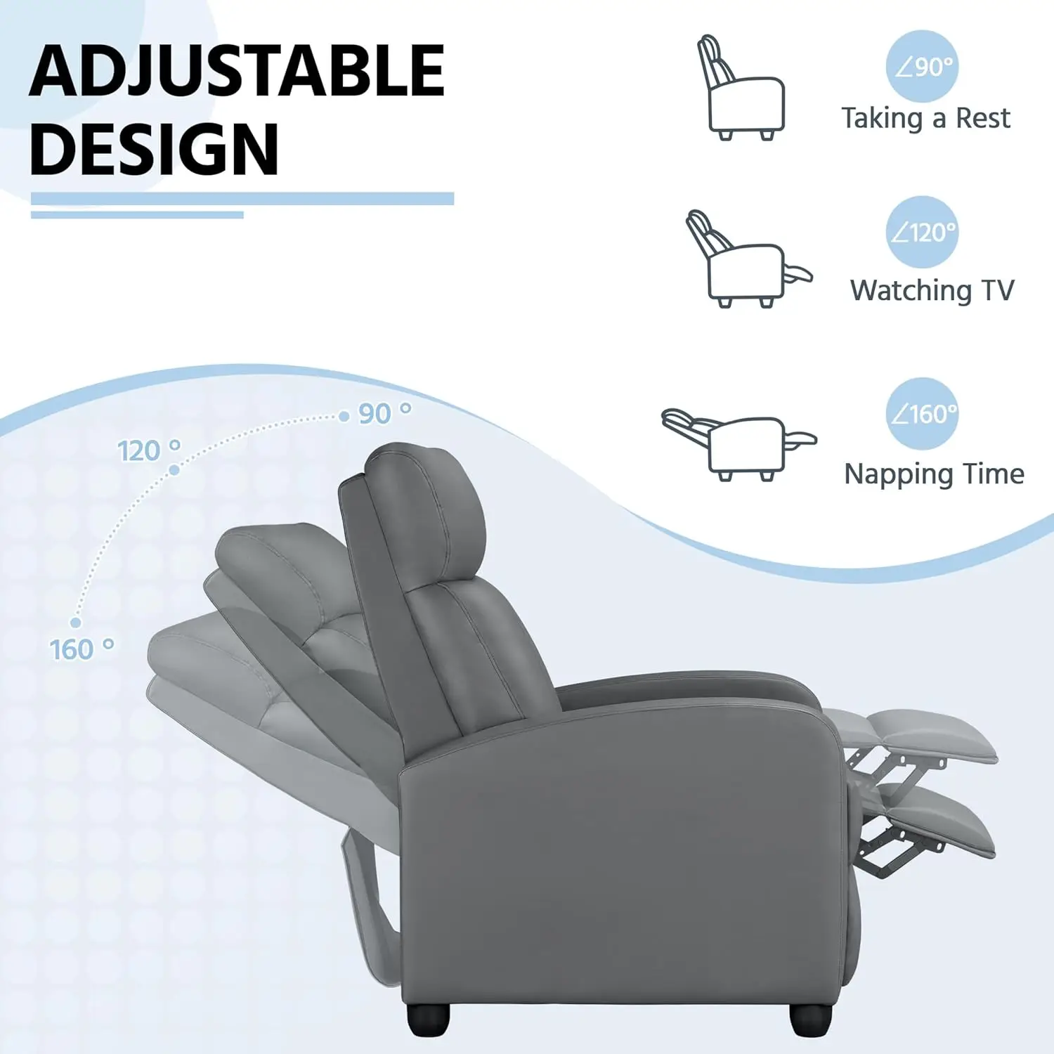 Sofá de cuero PU con soporte lumbar, asiento de cine en casa, lleno de empuje de esponja de alta densidad, gris plateado