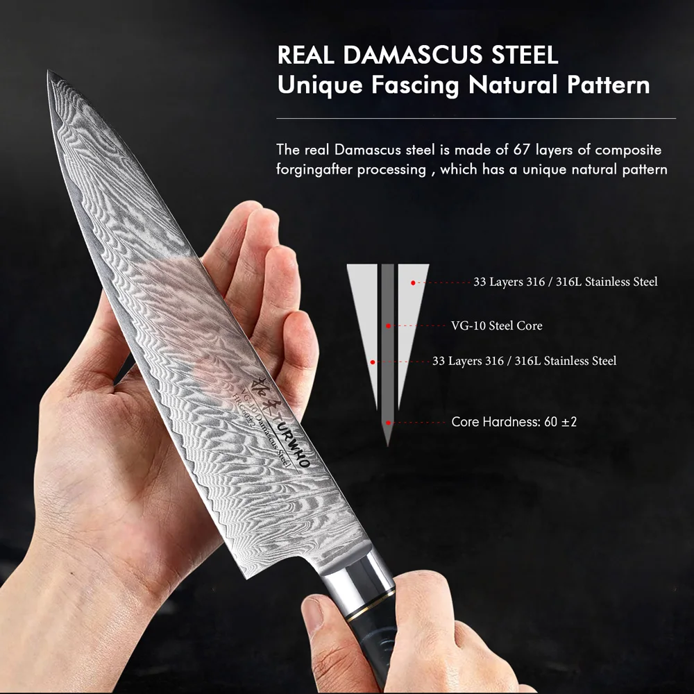 TURWHO 1PC Damascus Kitchen Chef Knife High Carbon Steel Cleaver Bread Paring Boning Utility Knives Cooking Tools with Gift Box