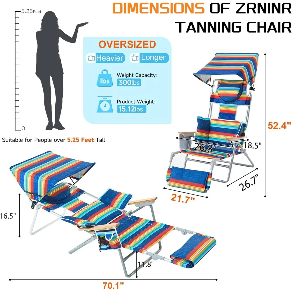 Oversized Heavy Duty Backpack Beach Chair with Sun Canopy, Reclining Lounge Chair Tanning Chair with Face Hole, 5-Position