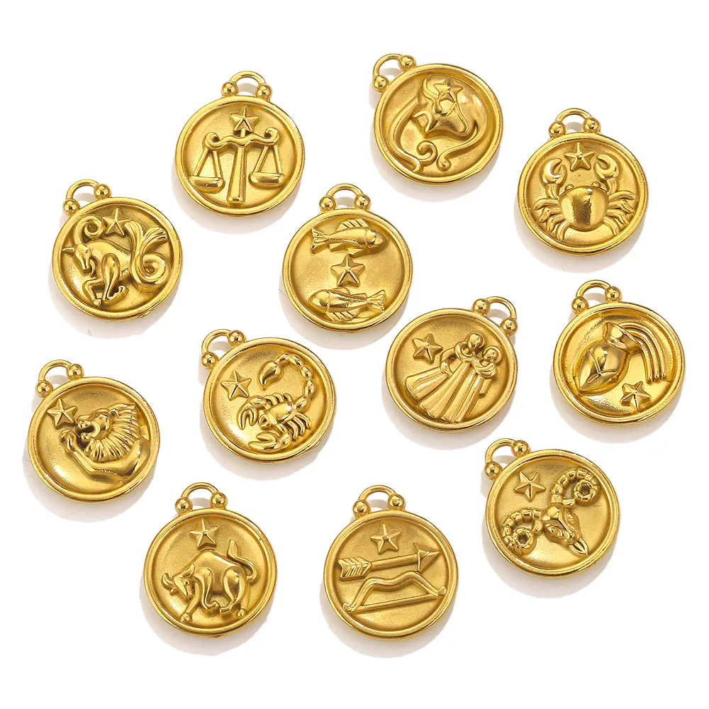 5pcs PVD Gold Plated Stainless Steel Twelve Constellations Charms DIY Aries Libra Leo Pendant Bracelet Necklace Jewelry Parts